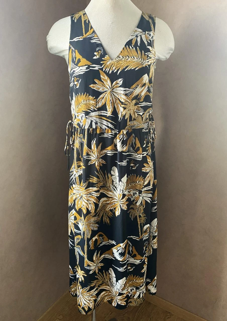Robe mi-longue H&M T34 noire imprimé tropical ocre & blanc – dos V, laçage côtés